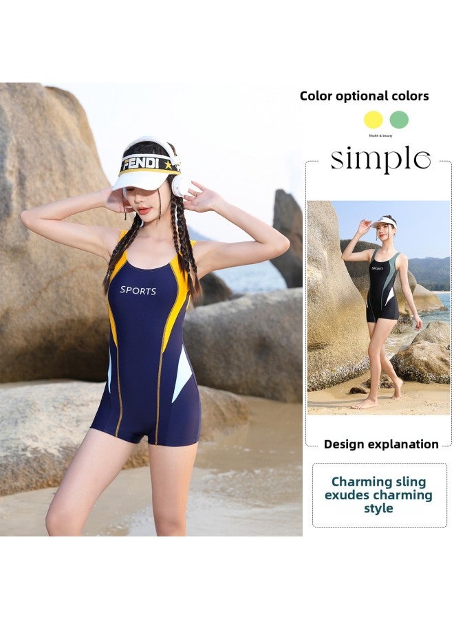 Conjoined Plus Size Boxer Professional Swimsuit Student Racing Swimming Pool Swimsuit Ladies Conservative Swimsuit-Color:Black Blue-