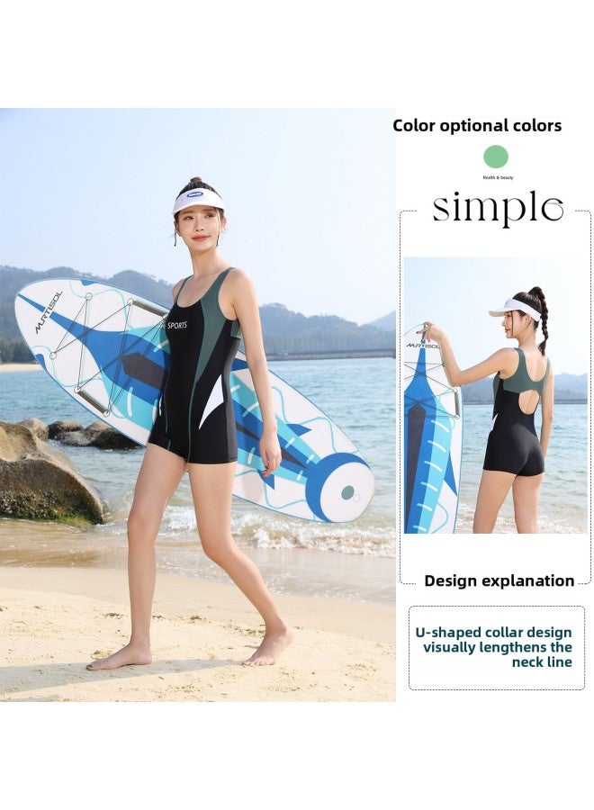 Conjoined Plus Size Boxer Professional Swimsuit Student Racing Swimming Pool Swimsuit Ladies Conservative Swimsuit-Color:Black Blue-