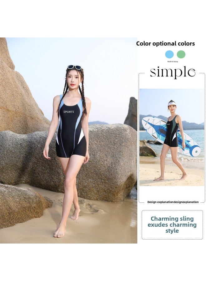 Conjoined Plus Size Boxer Professional Swimsuit Student Racing Swimming Pool Swimsuit Ladies Conservative Swimsuit-Color:Black Blue-