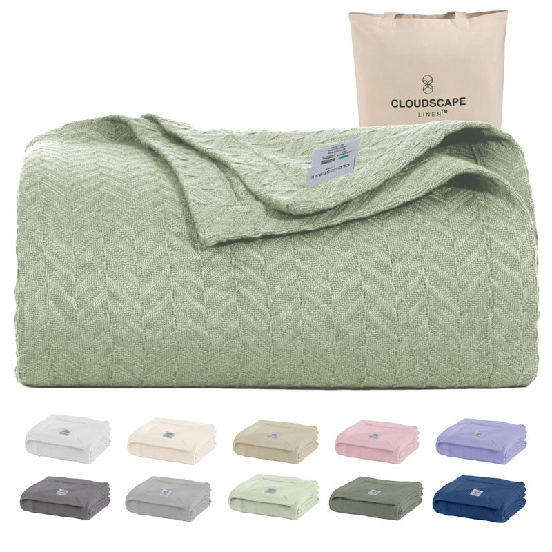 Cloud Scape Linen Herringbone Cotton Throw Blanket for Couch BedSofa Home Decor Soft Lightweight AllSeason Bed Blanket 50 x 70 Seafoam Green