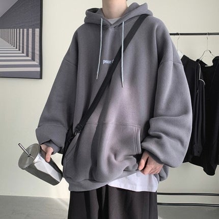 Mens Hoodie Chic Stylish Fleece Korean Trendy Loose Top Dark gray fleece-lined 