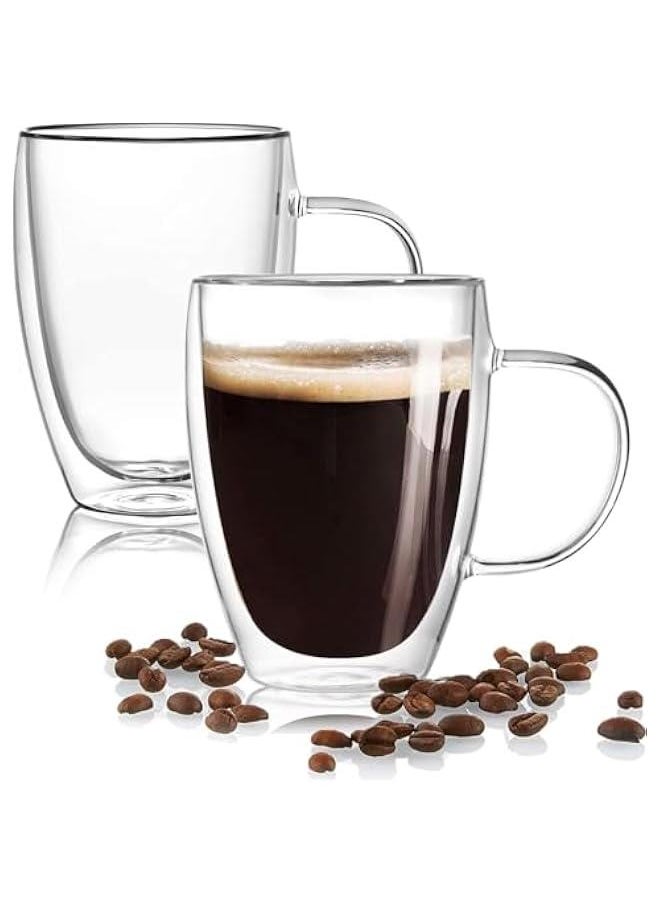 HOOKOR Double Wall Glass Coffee Mugs with Handle- Insulated Clear Coffee Mugs Set of 2, Perfect for Espresso, Cappuccino, Latte, Americano, Tea Bag, Beverage (12OZ)  - Image 1