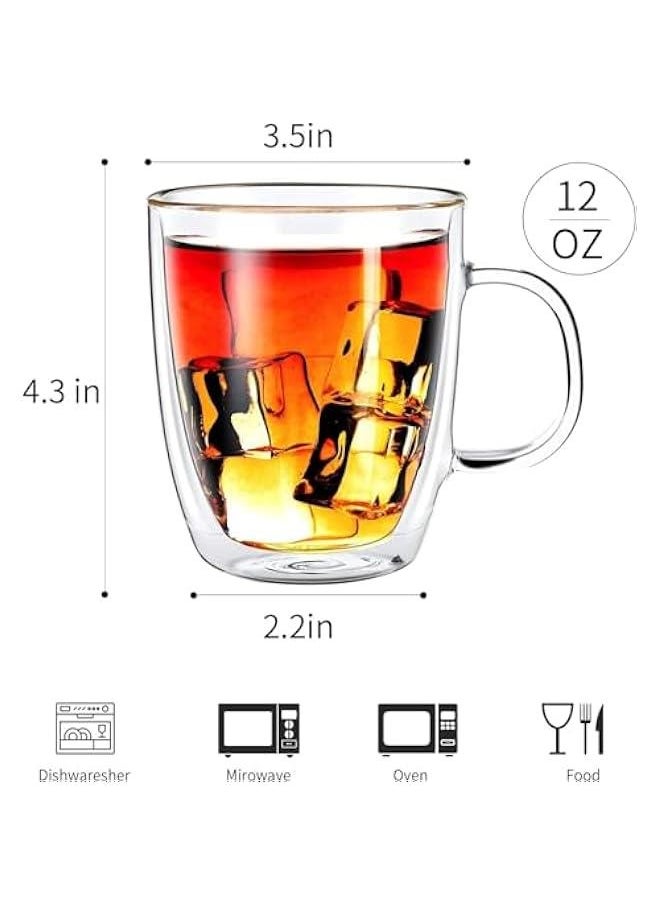 HOOKOR Double Wall Glass Coffee Mugs with Handle- Insulated Clear Coffee Mugs Set of 2, Perfect for Espresso, Cappuccino, Latte, Americano, Tea Bag, Beverage (12OZ)  - Image 2