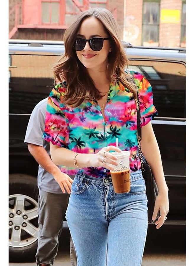 UNIQUEONE Women Hawaiian Shirt Soft Cool Summer Hawaii Tshirts Beach Tropic Print V Neck Button up Tops Floral Short Sleeve Tops Pink - Image 2