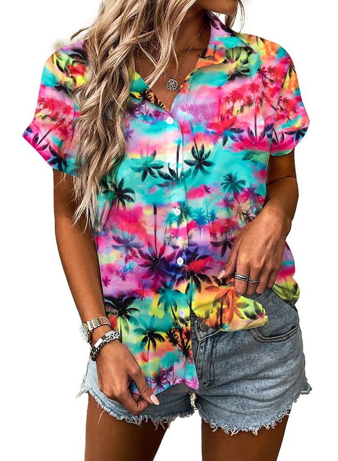 UNIQUEONE Women Hawaiian Shirt Soft Cool Summer Hawaii Tshirts Beach Tropic Print V Neck Button up Tops Floral Short Sleeve Tops Pink - Image 1