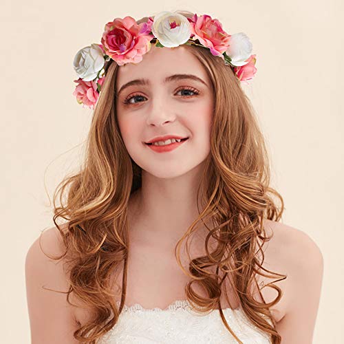 WLBON Flower Crown Headband Rose Wreath Garland Hair Bands Floral Wedding Bridal Hair Hoop Women Ladies Leaf Ribbon Party Decoration Headdress Headwear Christmas Handmade Headpiece Hair Accessories Hot Pink - Image 2