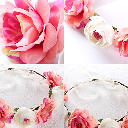 WLBON Flower Crown Headband Rose Wreath Garland Hair Bands Floral Wedding Bridal Hair Hoop Women Ladies Leaf Ribbon Party Decoration Headdress Headwear Christmas Handmade Headpiece Hair Accessories Hot Pink - Image 5