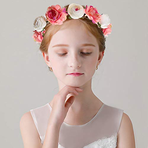 WLBON Flower Crown Headband Rose Wreath Garland Hair Bands Floral Wedding Bridal Hair Hoop Women Ladies Leaf Ribbon Party Decoration Headdress Headwear Christmas Handmade Headpiece Hair Accessories Hot Pink - Image 3