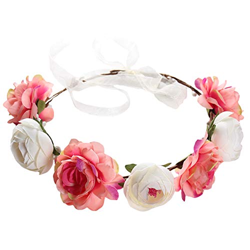 WLBON Flower Crown Headband Rose Wreath Garland Hair Bands Floral Wedding Bridal Hair Hoop Women Ladies Leaf Ribbon Party Decoration Headdress Headwear Christmas Handmade Headpiece Hair Accessories Hot Pink - Image 1