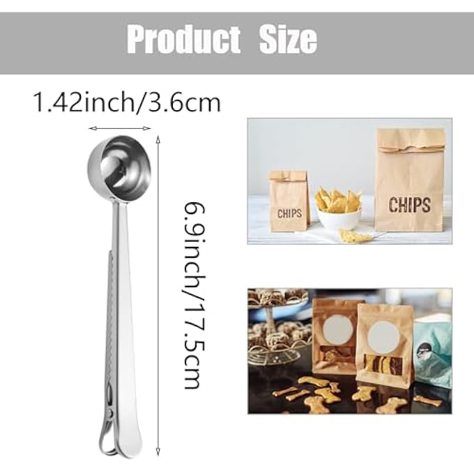 ريحني ملعقة قهوة بمقدار قطعتين مع مشبك كيس ملعقة قياس قهوة من الفولاذ المقاوم للصدأ ملعقة قياس وختم قهوة مطحونة للقهوة المطحونة والحبوب - Image 3