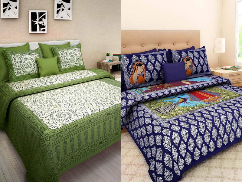 Ealth Kart 144 TC 100% Jaipuri Cotton Combo Set of 2 Double Bedsheet with 4 Pillow Covers - Multi - Image 1