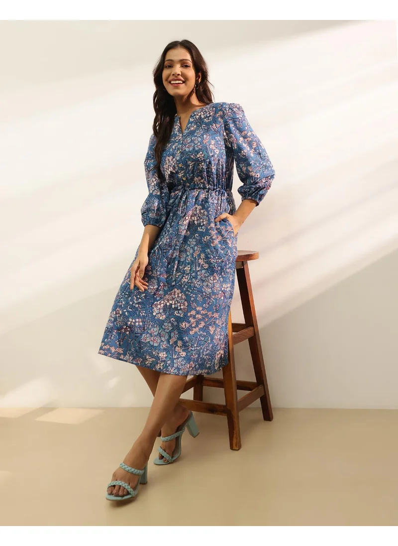 Fabindia Blue Cotton Hand Block Printed Midi Dress