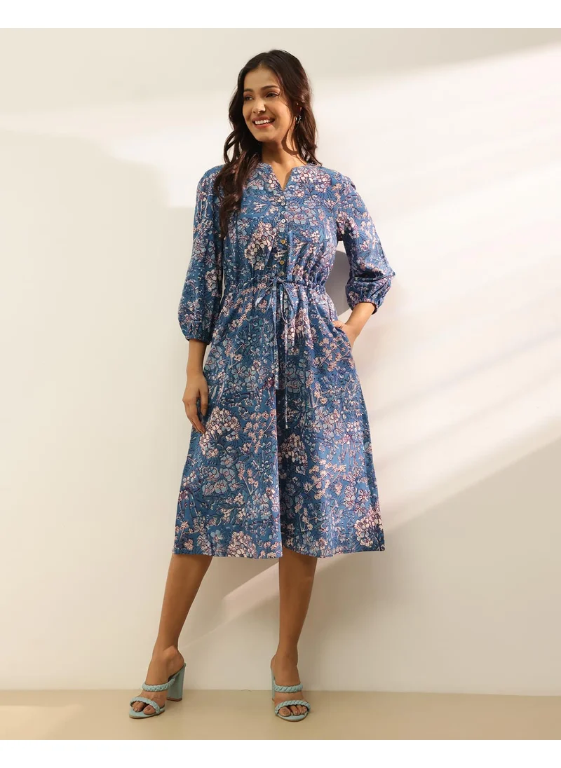 Fabindia Blue Cotton Hand Block Printed Midi Dress