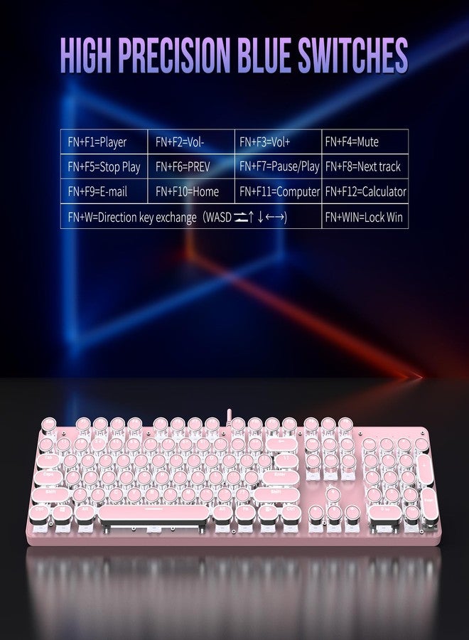 Gaozen Typewriter Mechanical Gaming Keyboard with RGB Backlit Red Switches, 104 Keys Retro Round Keycap, Wired Typewriter Style Comfortable Typing Soud (Pink LED) - Image 5