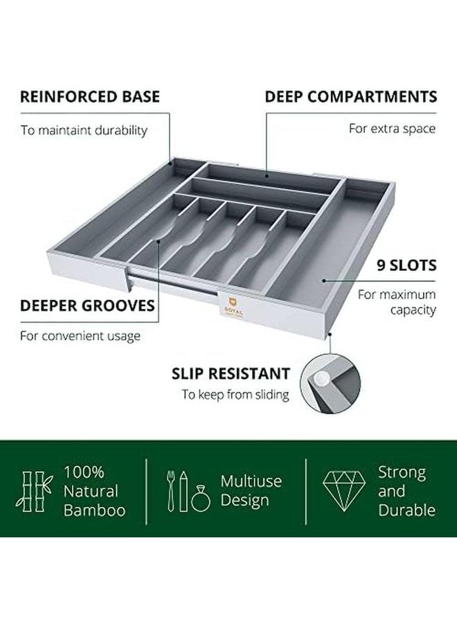 Royal Craft Wood - Luxury Bamboo Caddy Kitchen Drawer And Silverware Organizer Utensil Holder And Cutlery Tray With Grooved Drawer Dividers For Flatware 9 Slot Gray - Image 1