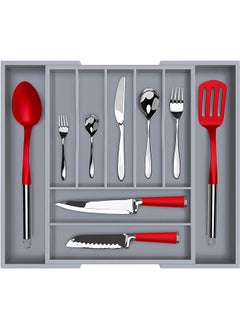Luxury Bamboo Caddy Kitchen Drawer And Silverware Organizer Utensil Holder And Cutlery Tray With Grooved Drawer Dividers For Flatware 9 Slot Gray