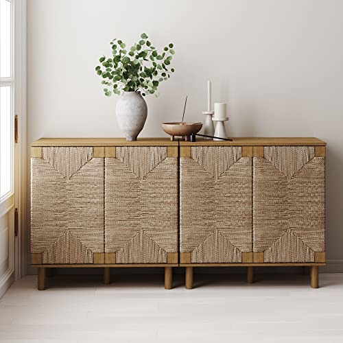 Nathan James Nathan James Beacon Accent Natural Sideboard Storage Cabinet TV Stand in Light Wood with Adjustable Interior Shelf and Seagrass Doors for Hallway Entryway or Dining Room Light Brown Set of 2 