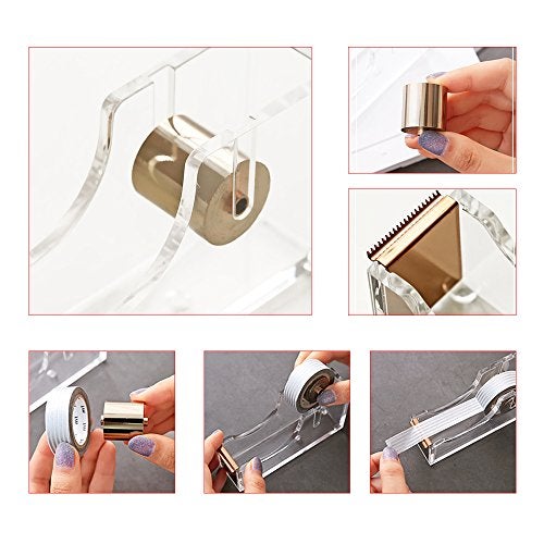 Geila Acrylic Gold Tape Dispenser,Clear Acrylic Desk Dispenser Kit , Modern Design Office Desktop Tape Dispense - Image 5