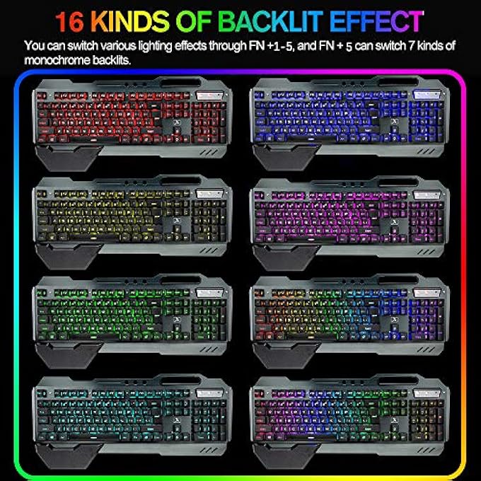 XINMENG WIRELESS GAMING KEYBOARD MOUSE BLUETOOTH HEADSET KIT WITH 16 RGB BACKLIT RECHARGEABLE BATTERY METAL MECHANICAL ERGONOMIC WATERPROOF DUSTPROOF REMOVABLE PALM REST FOR LAPTOP PC GAMER(RAINBOW RGB) - Image 3