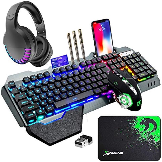 XINMENG WIRELESS GAMING KEYBOARD MOUSE BLUETOOTH HEADSET KIT WITH 16 RGB BACKLIT RECHARGEABLE BATTERY METAL MECHANICAL ERGONOMIC WATERPROOF DUSTPROOF REMOVABLE PALM REST FOR LAPTOP PC GAMER(RAINBOW RGB) - Image 1