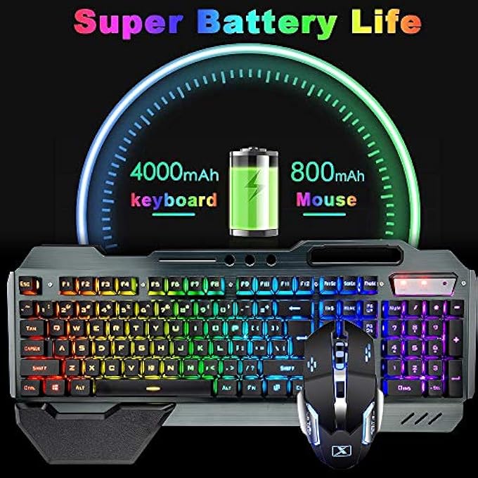 XINMENG WIRELESS GAMING KEYBOARD MOUSE BLUETOOTH HEADSET KIT WITH 16 RGB BACKLIT RECHARGEABLE BATTERY METAL MECHANICAL ERGONOMIC WATERPROOF DUSTPROOF REMOVABLE PALM REST FOR LAPTOP PC GAMER(RAINBOW RGB) - Image 2
