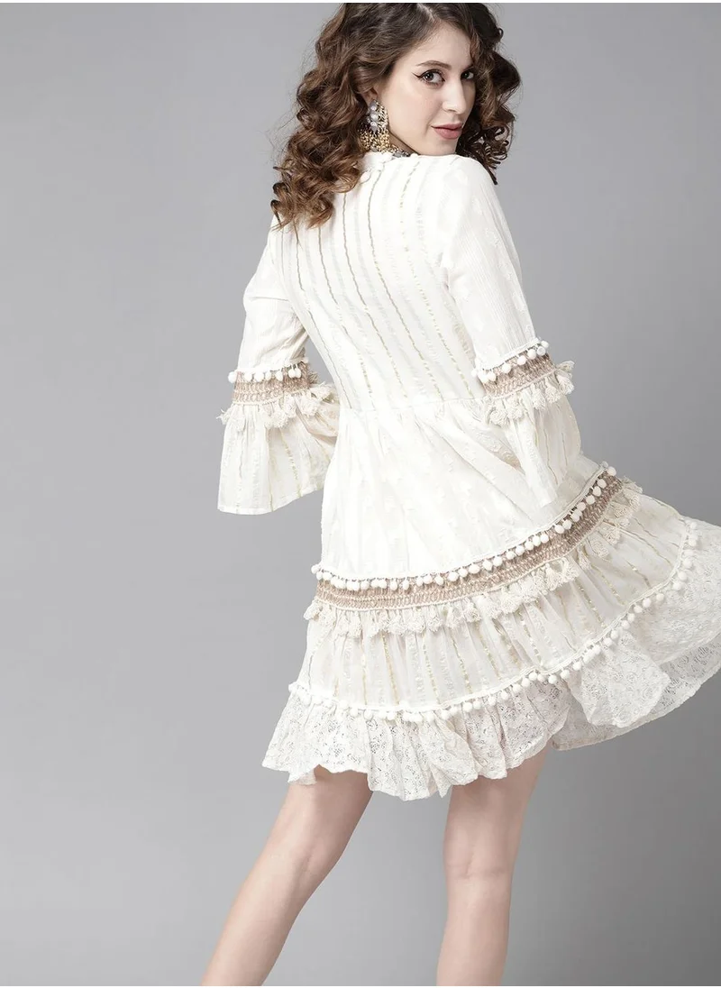 آي شين Off-White Pure Cotton Striped A-Line Dress