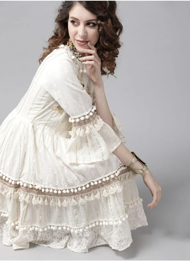 آي شين Off-White Pure Cotton Striped A-Line Dress
