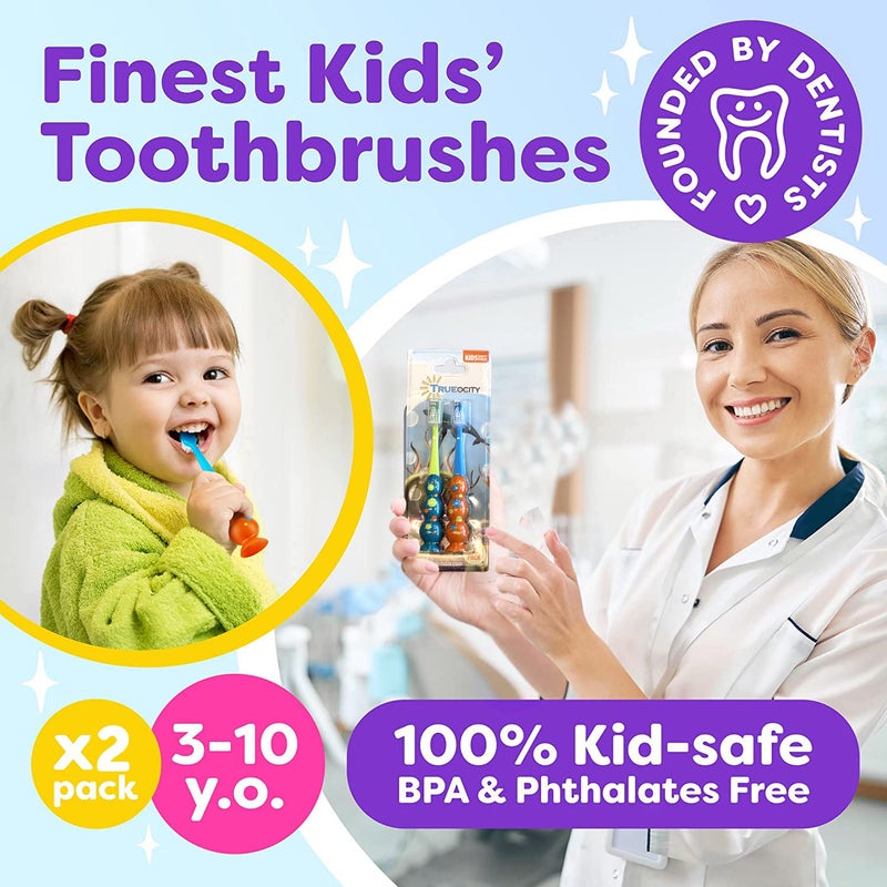 Trueocity Kids Toothbrush 2 Pack - Soft Contoured Bristles - Child Sized Brush Heads (3-10 Year Old) - Suction Cup for Fun & Easy Storage - Girl & Boy Set (2-Pack, Blue & Orange) - Image 3