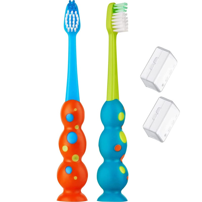 Trueocity Kids Toothbrush 2 Pack - Soft Contoured Bristles - Child Sized Brush Heads (3-10 Year Old) - Suction Cup for Fun & Easy Storage - Girl & Boy Set (2-Pack, Blue & Orange) - Image 1