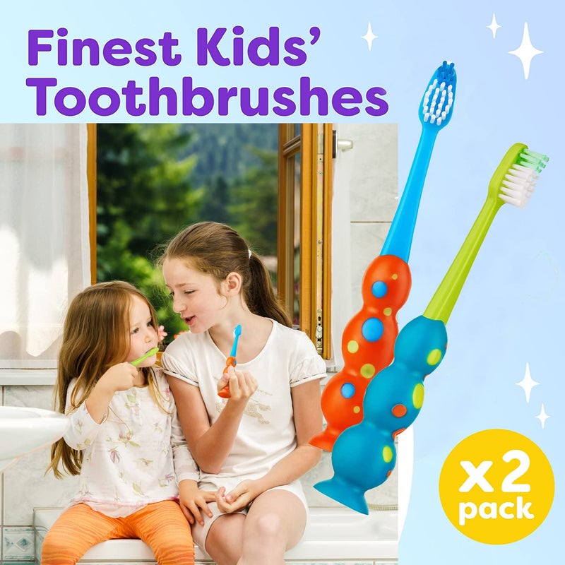 Trueocity Kids Toothbrush 2 Pack - Soft Contoured Bristles - Child Sized Brush Heads (3-10 Year Old) - Suction Cup for Fun & Easy Storage - Girl & Boy Set (2-Pack, Blue & Orange) - Image 4
