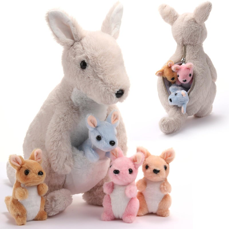 Arrowbash 5 Pcs Kangaroo Stuffed Animals 12 Inch Mommy Stuffed Kangaroo Plush Toy with 4 Babies Insides Kangaroos with Joey Plush Toys and Pouch for Kids Birthday Gift Easter Party FavorsGrey - Image 3