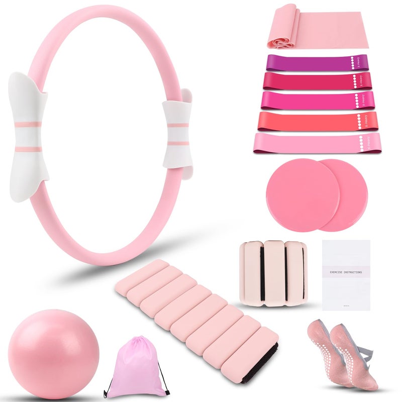 MIELIA 16 PCS Pink Pilates Ring and Ball Set for Women with 15" Magic Circle, Home Pilates Equipment Kit with Adjustable 1LB Ankle Wrist Weight, Resistance Band, Gliding Discs, Pilates Essentials Accessories - Image 1