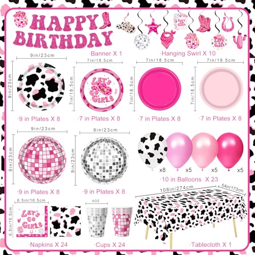 LINHAXM 131 PCS Cowgirl Birthday Party Decorations Disco Cowgirl Party Decorations - Includes Plates, Napkins, Cups, Banner, Hanging Swirl, Tablecloth, Balloon for Western Cowgirl Party Decorations, Serve 24 - Image 2