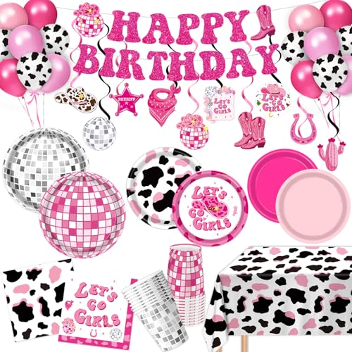 LINHAXM 131 PCS Cowgirl Birthday Party Decorations Disco Cowgirl Party Decorations - Includes Plates, Napkins, Cups, Banner, Hanging Swirl, Tablecloth, Balloon for Western Cowgirl Party Decorations, Serve 24 - Image 1