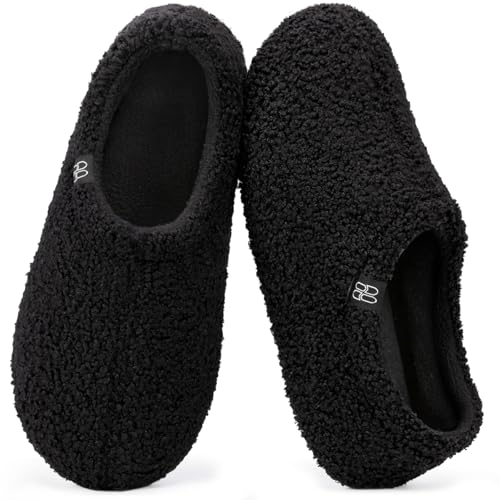HomeTop Women's Fuzzy Curly Fur Memory Foam Loafer Slippers Bedroom House Shoes with Polar Fleece Lining (6.5, Black) - Image 1