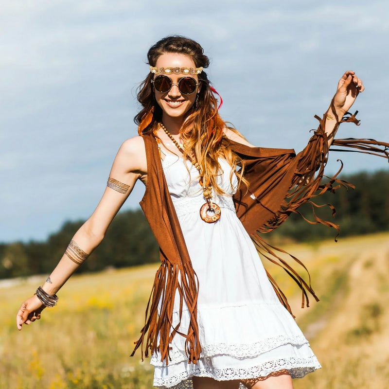 FEYIR 60s 70s Outfit for Women Hippy Accessories Fringe Hippie Vest Clothes for Halloween Disco Party Hippie Costume Set Brown - Image 2