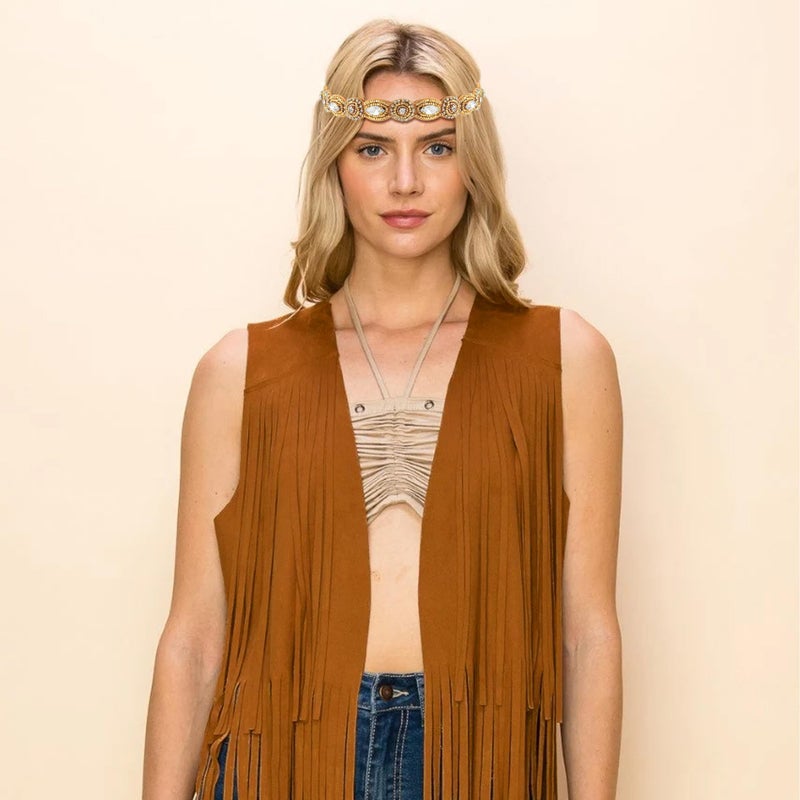 FEYIR 60s 70s Outfit for Women Hippy Accessories Fringe Hippie Vest Clothes for Halloween Disco Party Hippie Costume Set Brown - Image 3
