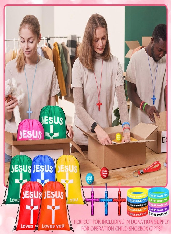 مجموعة هدايا حفلات SilTriangle المكونة من 100 قطعة تحمل عبارة "يسوع يحبك"، تتضمن حقيبة ظهر برباط تحمل عبارة "يسوع يحبك"، وأساور، وسلاسل مفاتيح، وقلادات صليب، وكرات تخفيف التوتر، وهي هدية مسيحية لكنيسة VBS (متعددة الألوان). - Image 5