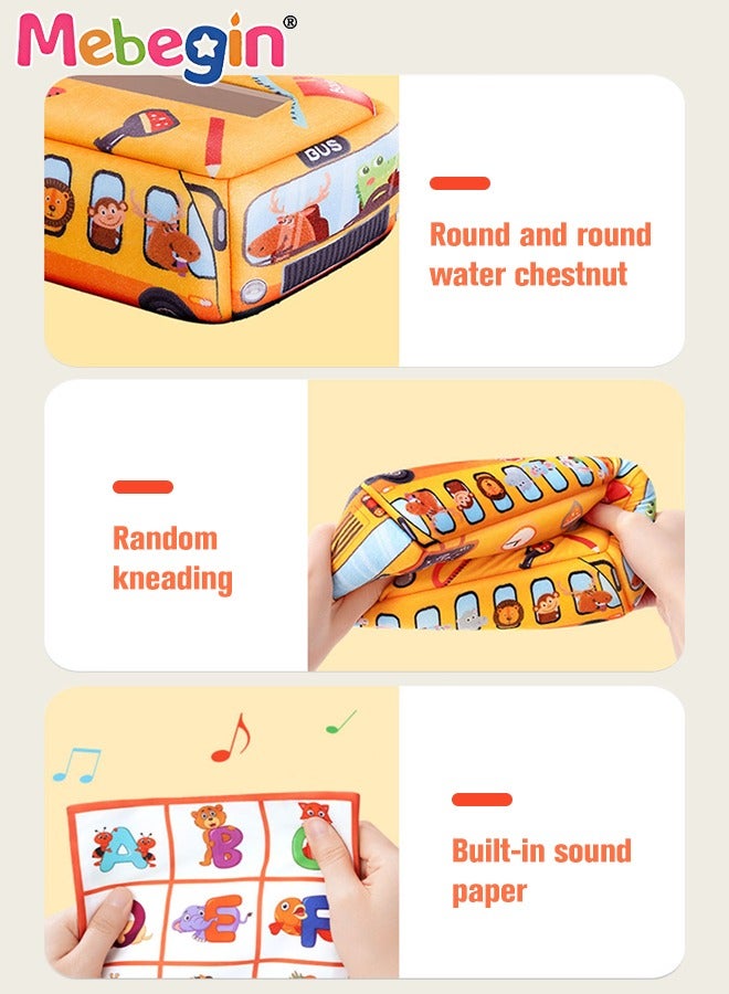 School Bus Shape Baby Tissue Box, Early Learning Sensory Tissue Box, Soft Sensory Toys with Crinkle Tissue Papers and Colorful Scarves for Infant and Toddlers, Colourful Washable Montessori Tissue Box, Perfect for Promoting Parent-child Interaction