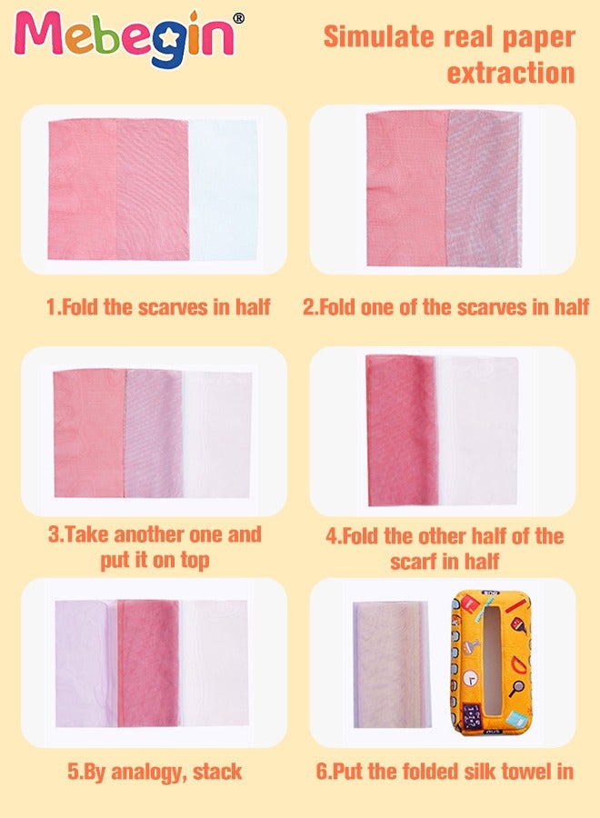 School Bus Shape Baby Tissue Box, Early Learning Sensory Tissue Box, Soft Sensory Toys with Crinkle Tissue Papers and Colorful Scarves for Infant and Toddlers, Colourful Washable Montessori Tissue Box, Perfect for Promoting Parent-child Interaction