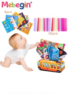 MEBEGIN School Bus Shape Baby Tissue Box, Early Learning Sensory Tissue Box, Soft Sensory Toys with Crinkle Tissue Papers and Colorful Scarves for Infant and Toddlers, Colourful Washable Montessori Tissue Box, Perfect for Promoting Parent-child Interaction  - Image 1