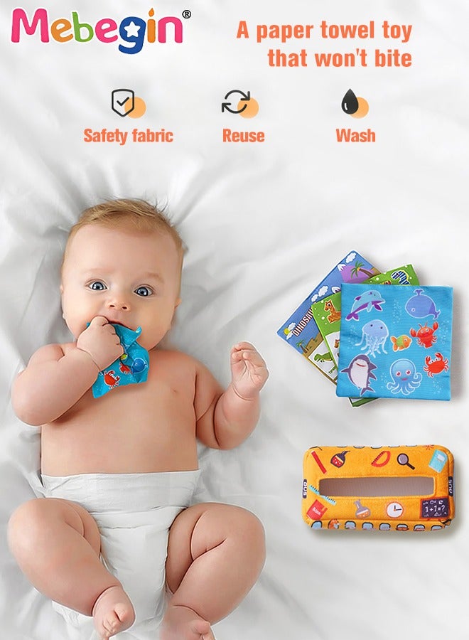 School Bus Shape Baby Tissue Box, Early Learning Sensory Tissue Box, Soft Sensory Toys with Crinkle Tissue Papers and Colorful Scarves for Infant and Toddlers, Colourful Washable Montessori Tissue Box, Perfect for Promoting Parent-child Interaction