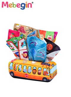MEBEGIN School Bus Shape Baby Tissue Box, Early Learning Sensory Tissue Box, Soft Sensory Toys with Crinkle Tissue Papers and Colorful Scarves for Infant and Toddlers, Colourful Washable Montessori Tissue Box, Perfect for Promoting Parent-child Interaction  - Image 2