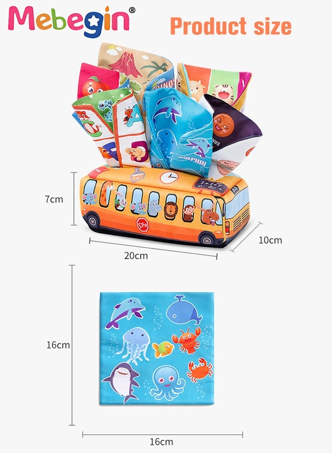 School Bus Shape Baby Tissue Box, Early Learning Sensory Tissue Box, Soft Sensory Toys with Crinkle Tissue Papers and Colorful Scarves for Infant and Toddlers, Colourful Washable Montessori Tissue Box, Perfect for Promoting Parent-child Interaction