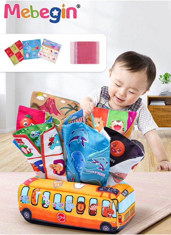 MEBEGIN School Bus Shape Baby Tissue Box, Early Learning Sensory Tissue Box, Soft Sensory Toys with Crinkle Tissue Papers and Colorful Scarves for Infant and Toddlers, Colourful Washable Montessori Tissue Box, Perfect for Promoting Parent-child Interaction  - Image 3