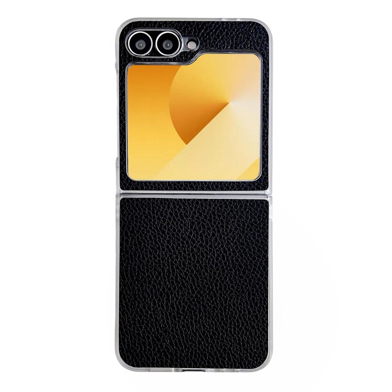 erorex For Samsung Galaxy Z Flip6 / Flip7 FE Litchi Texture Leather Clear Jelly PC Phone Case(Black) - Image 1