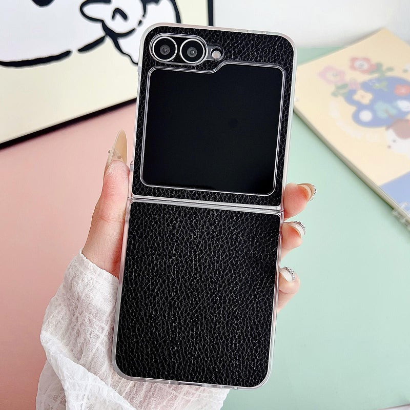 erorex For Samsung Galaxy Z Flip6 / Flip7 FE Litchi Texture Leather Clear Jelly PC Phone Case(Black) - Image 2