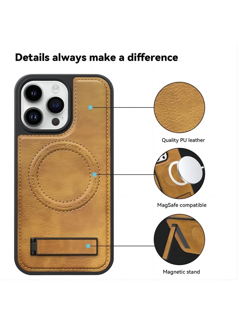 For iPhone 15 Pro Case Compatible with MagSafe Slim-Fit PU Leather Coated TPU + PC Shell - Brown