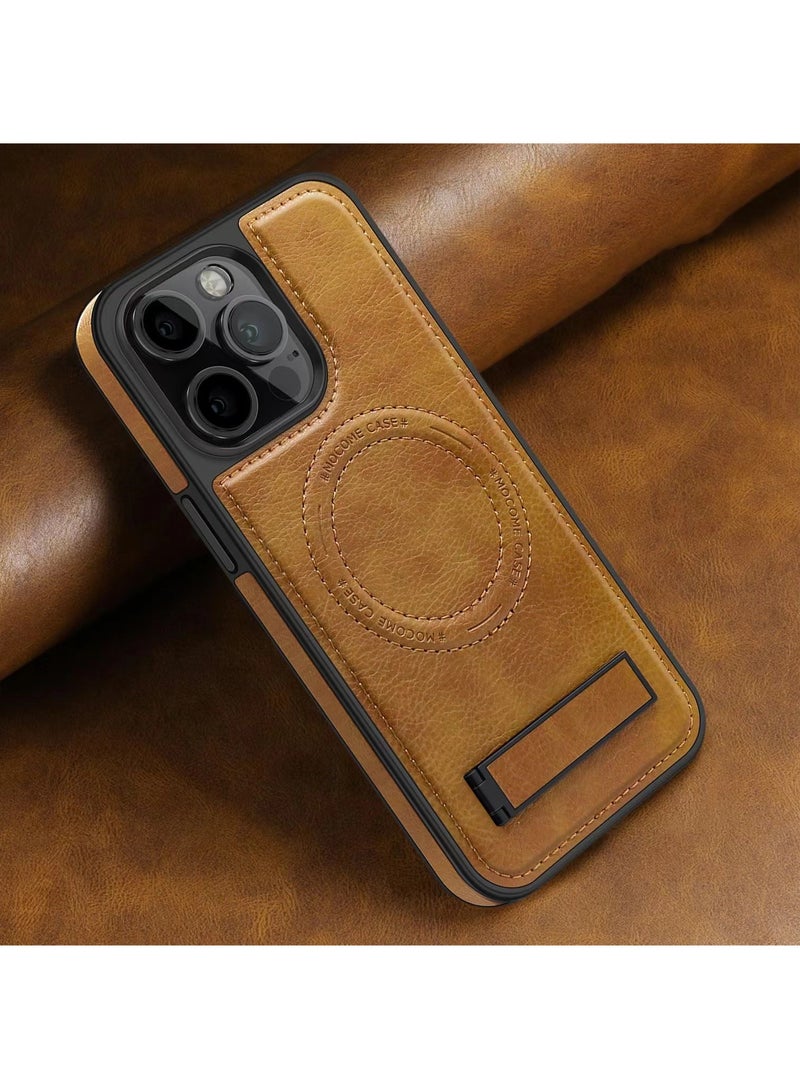 For iPhone 15 Pro Case Compatible with MagSafe Slim-Fit PU Leather Coated TPU + PC Shell - Brown