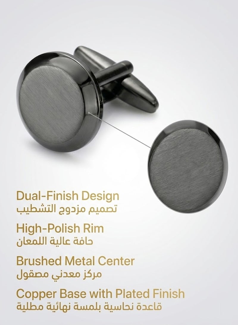 FIORICASA Men’s Brushed Copper Round Cufflinks – Silver & Gunmetal Finish, Modern Minimal Design - Image 2